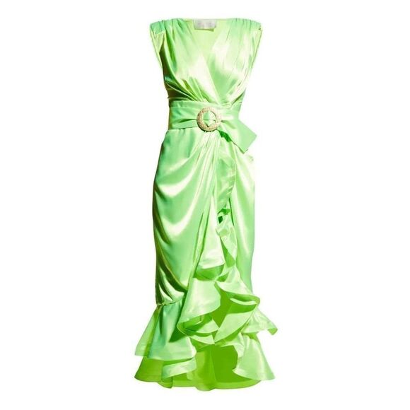 BRONX and BANCO Neon Green Lika Belted Asymmetric Ruffle Wrap Dress Size… - Picture 3 of 11